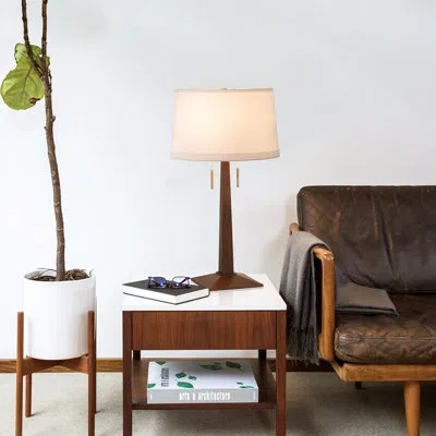 Nova Of California Taper Table Lamp - Dark Walnut Wood Finish, White Linen Shade In Brown