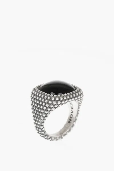 Nove25 Dotted Square Chevalier Ring With Onyce Stone In Silver