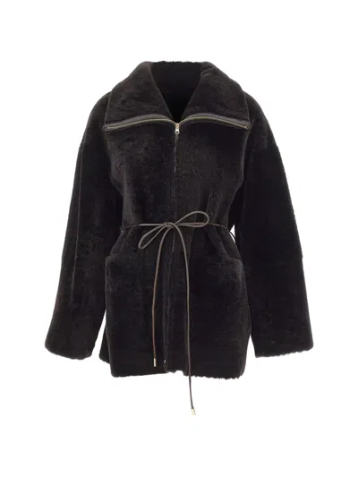 Novelle Petty Short Belted Shearling Coat In Black