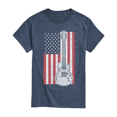 Novelty Mens Short Sleeve American Flag Guitar Graphic T-shirt In Blue