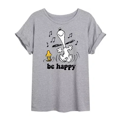 Novelty T-shirts Be Happy Womens Juniors Crew Neck Short Sleeve Oversized Peanuts Snoopy Graphic T-shirt In Gray