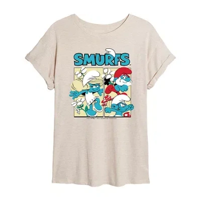 Novelty T-shirts Comic Womens Juniors Crew Neck Short Sleeve Oversized Smurfs Graphic T-shirt In Sand