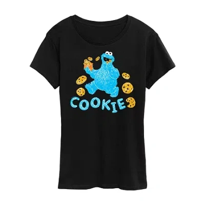 Novelty T-shirts Cookie Monster Womens Juniors Crew Neck Short Sleeve Regular Fit Sesame Street Graphic T-shirt In Black