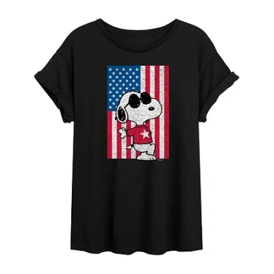 Novelty T-shirts Cool Joe Flag Womens Juniors Crew Neck Short Sleeve Oversized Peanuts Snoopy Graphic T-shirt In Black