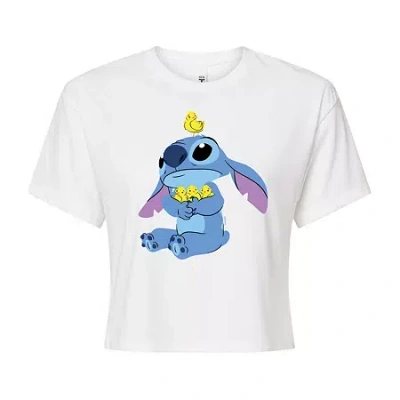 Novelty T-shirts Cropped Womens Juniors Crew Neck Short Sleeve Boxy Fit Lilo & Stitch Graphic T-shirt In White