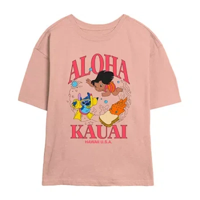Novelty T-shirts Disney Aloha Kauai Tee Womens Juniors Crew Neck Short Sleeve Regular Fit Lilo & Stitch Graphic T-shi In Pink