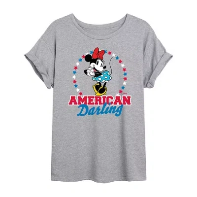 Novelty T-shirts Disney American Darling Womens Juniors Crew Neck Short Sleeve Oversized Mickey And Friends Minnie Mo In Gray
