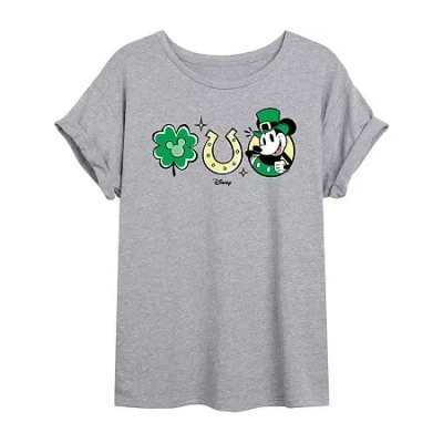 Novelty T-shirts Disney Shamrock And Luck Tee Womens Juniors Crew Neck Short Sleeve Regular Fit Mickey And Friends Gr In Gray