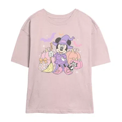 Novelty T-shirts Disney Witch Womens Juniors Crew Neck Short Sleeve Classic Fit Minnie Mouse Graphic T-shirt In Pink