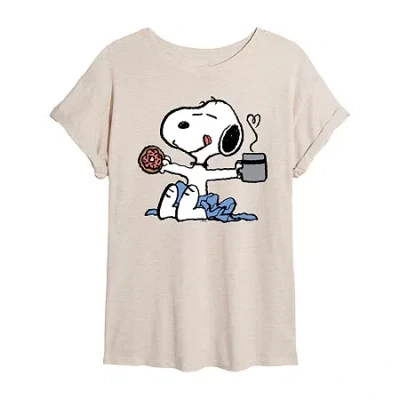 Novelty T-shirts Donut And Coffee Womens Juniors Crew Neck Short Sleeve Oversized Peanuts Snoopy Graphic T-shirt In Sand