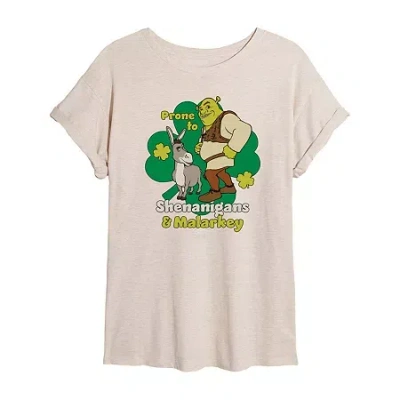 Novelty T-shirts Dreamworks Shrek Prone To Shenanigans And Malarkey Tee Womens Juniors Scoop Neck Short Sleeve Regula In Sand