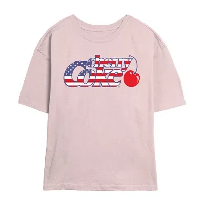 Novelty T-shirts Flag Cherry Coke Tee Womens Juniors Crew Neck Short Sleeve Regular Fit Graphic T-shirt In Pink