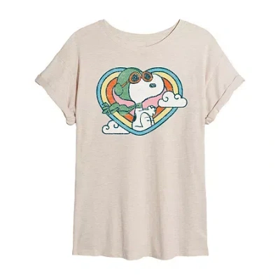 Novelty T-shirts Fly Like A Beagle Womens Juniors Crew Neck Short Sleeve Oversized Peanuts Snoopy Graphic T-shirt In Sand