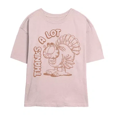 Novelty T-shirts Garfield Thanksgiving Thanks Turkey Womens Juniors Crew Neck Short Sleeve Classic Fit Garfield Graph In Pink