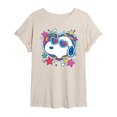 Novelty T-shirts Heart Glasses Womens Juniors Crew Neck Short Sleeve Oversized Peanuts Snoopy Graphic T-shirt In Sand