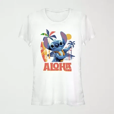 Novelty T-shirts Lilo And Stitch The Movie Aloha Tee Womens Juniors Crew Neck Short Sleeve Lilo & Stitch Graphic T-sh In White
