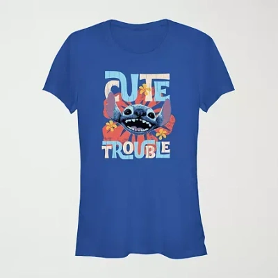Novelty T-shirts Lilo And Stitich The Movie Cute Trouble Tee Womens Juniors Crew Neck Short Sleeve Lilo & Stitch Grap In Blue