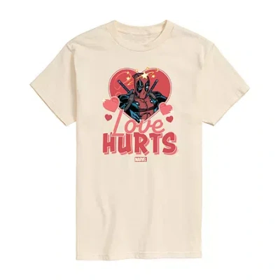Novelty T-shirts Love Hurts Tee Womens Juniors Crew Neck Short Sleeve Regular Fit Deadpool Marvel Graphic T-shirt In Sand