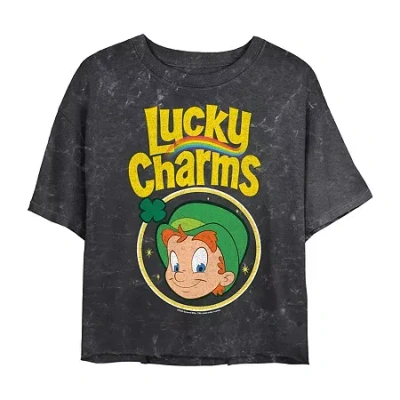Novelty T-shirts Lucky Charms Cropped Tee Womens Juniors Crew Neck Short Sleeve Regular Fit Graphic T-shirt In Black