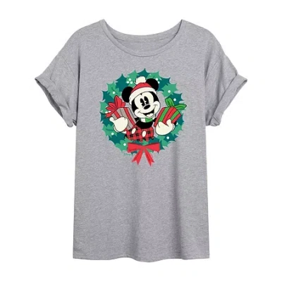 Novelty T-shirts Mickey Mouse Wreath Tee Womens Crew Neck Short Sleeve Mickey Mouse Graphic T-shirt In Gray