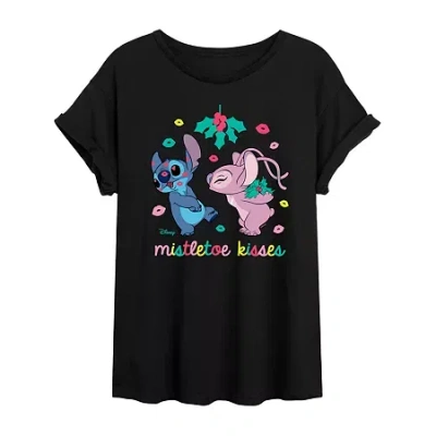 Novelty T-shirts Misletoe Kisses Womens Juniors Crew Neck Short Sleeve Regular Fit Lilo & Stitch Graphic T-shirt In Black