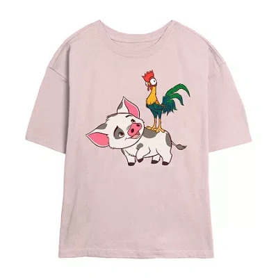 Novelty T-shirts Moana Pua And Hei Hei Tee Womens Juniors Crew Neck Short Sleeve Regular Fit Moana Graphic T-shirt In Pink