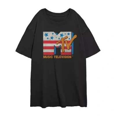 Novelty T-shirts Mtv Stars And Stripes Tee Womens Juniors Crew Neck Short Sleeve Regular Fit Graphic T-shirt In Black