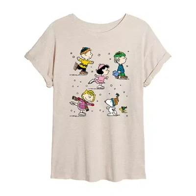 Novelty T-shirts Peanuts Skating Tee Womens Juniors Scoop Neck Short Sleeve Oversized Peanuts Graphic T-shirt In Sand