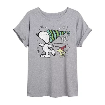 Novelty T-shirts Peanuts Snoopy And Woodstock Skating Tee Womens Juniors Scoop Neck Short Sleeve Oversized Peanuts Sn In Gray