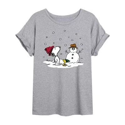 Novelty T-shirts Peanuts Snoopy And Woodstock Snowman Tee Womens Juniors Scoop Neck Short Sleeve Oversized Peanuts Sn In Gray