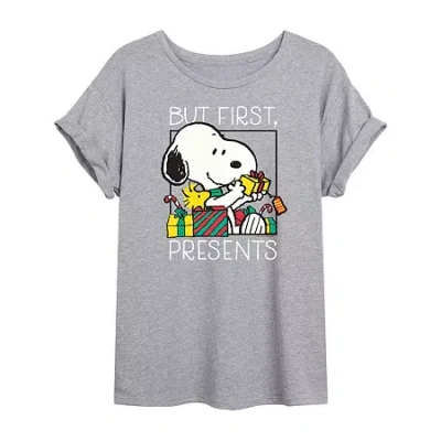 Novelty T-shirts Peanuts Snoopy But First Presents Tee Womens Crew Neck Short Sleeve Snoopy Graphic T-shirt In Gray