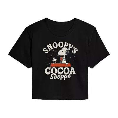 Novelty T-shirts Peanuts Snoopy Cocoa Shoppe Cropped Tee Womens Crew Neck Short Sleeve Snoopy Graphic T-shirt In Black