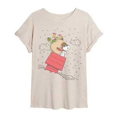 Novelty T-shirts Peanuts Snoopy Flying Tee Womens Crew Neck Short Sleeve Snoopy Graphic T-shirt In Sand
