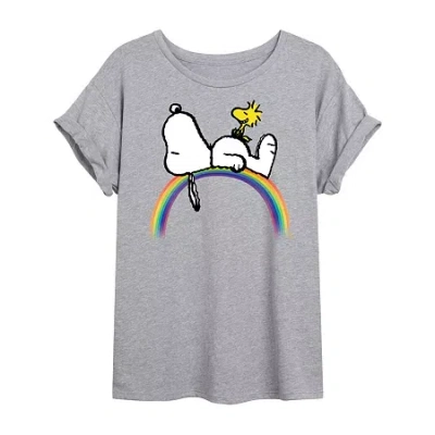 Novelty T-shirts Rainbow Womens Juniors Crew Neck Short Sleeve Regular Fit Peanuts Snoopy Graphic T-shirt In Gray