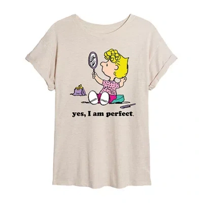 Novelty T-shirts Sally Yes I'm Perfect Womens Juniors Crew Neck Short Sleeve Oversized Peanuts Graphic T-shirt In Sand