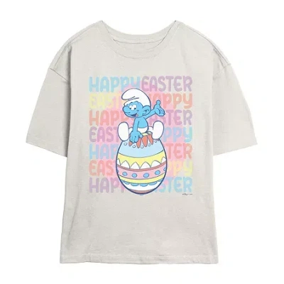 Novelty T-shirts Smurfs Happy Easter Tee Womens Juniors Crew Neck Short Sleeve Regular Fit Smurfs Graphic T-shirt In Sand