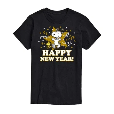 Novelty T-shirts Snoopy Happy New Year Womens Juniors Crew Neck Short Sleeve Regular Fit Peanuts Graphic T-shirt In Black