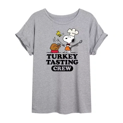 Novelty T-shirts Snoopy Turkey Tasting Womens Juniors Crew Neck Short Sleeve Regular Fit Peanuts Graphic T-shirt In Gray