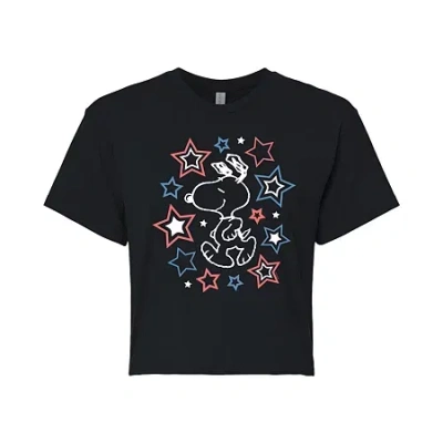 Novelty T-shirts Stars Cropped Womens Juniors Crew Neck Short Sleeve Regular Fit Peanuts Snoopy Graphic T-shirt In Black