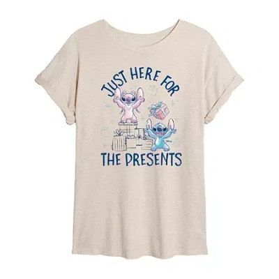 Novelty T-shirts Stitch Just Here For The Presents Tee Womens Crew Neck Short Sleeve Graphic T-shirt In Sand