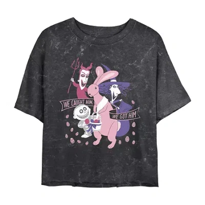 Novelty T-shirts Tim Burton's Caught Him Easter Bunny Cropped Tee Womens Juniors Crew Neck Short Sleeve Regular Fit N In Black