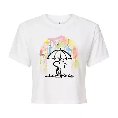 Novelty T-shirts Umbrella Woodstock Cropped Tee Womens Juniors Crew Neck Long Sleeve Regular Fit Peanuts Graphic T-sh In White