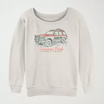 Novelty T-shirts Womens Juniors Crew Neck Long Sleeve Jurassic World Sweatshirt In Sand