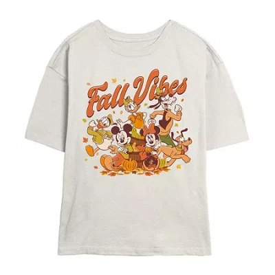 Novelty T-shirts Womens Juniors Crew Neck Short Sleeve Classic Fit Mickey And Friends Graphic T-shirt In Sand