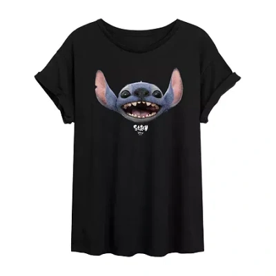 Novelty T-shirts Womens Juniors Crew Neck Short Sleeve Lilo & Stitch Graphic T-shirt In Black