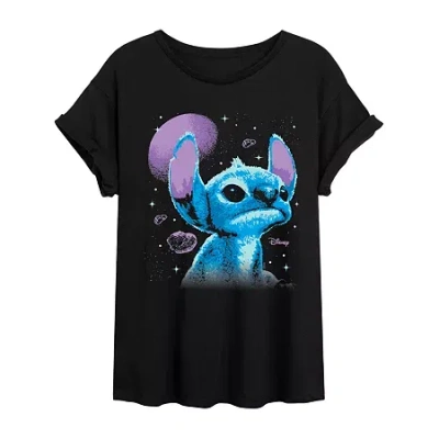 Novelty T-shirts Womens Juniors Crew Neck Short Sleeve Lilo & Stitch Graphic T-shirt In Black