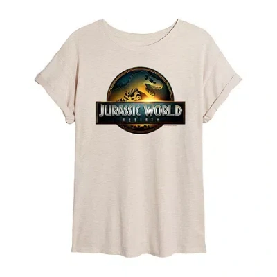 Novelty T-shirts Womens Juniors Crew Neck Short Sleeve Oversized Jurassic World Graphic T-shirt In Sand