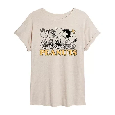 Novelty T-shirts Womens Juniors Crew Neck Short Sleeve Oversized Peanuts Graphic T-shirt In Sand