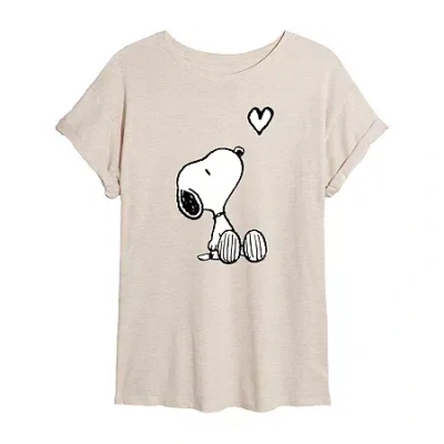 Novelty T-shirts Womens Juniors Crew Neck Short Sleeve Oversized Peanuts Snoopy Graphic T-shirt In Sand