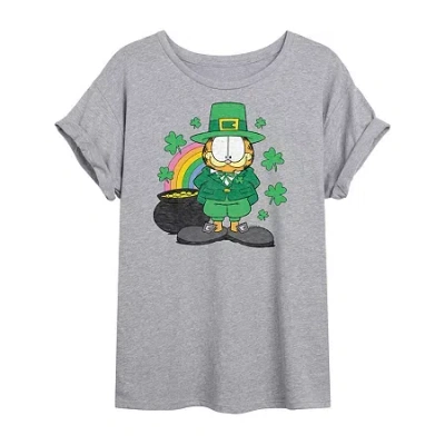 Novelty T-shirts Womens Juniors Crew Neck Short Sleeve Regular Fit Garfield Graphic T-shirt In Gray